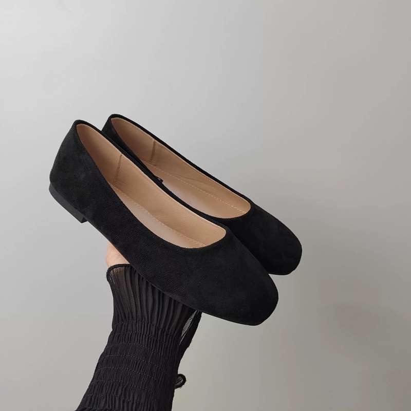 Flat-bottomed Commuter Versatile Single Shoes Women's Shoes 2025 Spring and Autumn New Square Head Black Work Shoes Suede Light Mouth Doudou Shoes