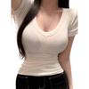T-shirt Coréen pour Femme à Col en V, Coupe Ajustée, Manches Courtes