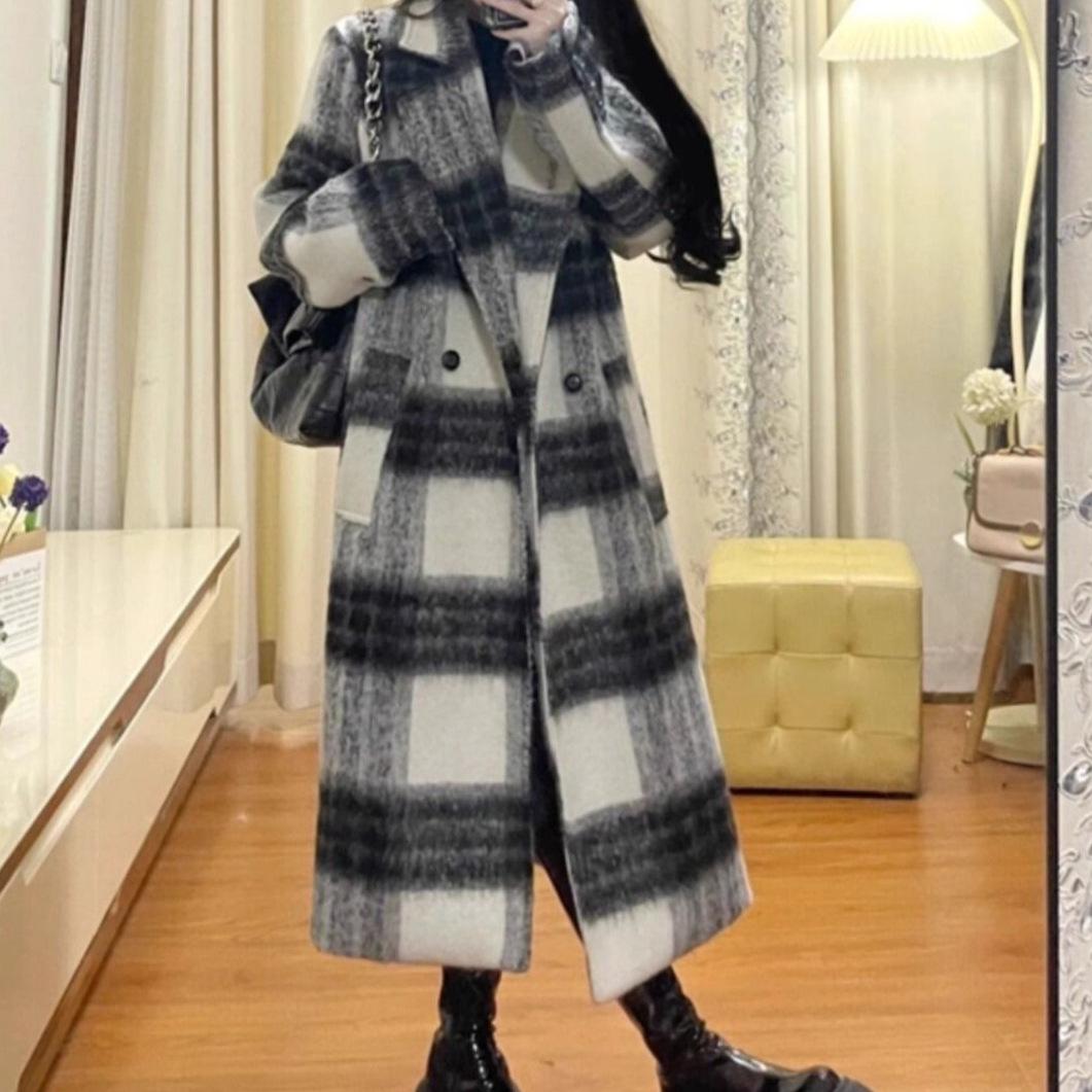 

Women s 2025 Plaid Woolen Down Jacket - Korean Style Autumn/Winter with White Duck Down Liner L [135-150 lbs]