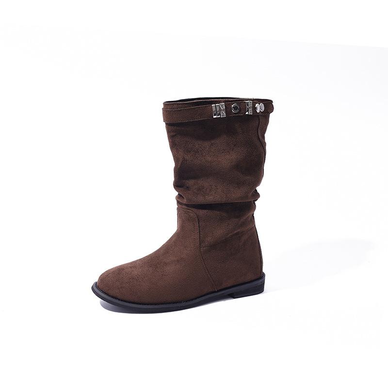 ~ Niche Retro Buckle with Western Round Head Stacking Boots Women's Flat Thick Heel Knight Boots Short Boots Women