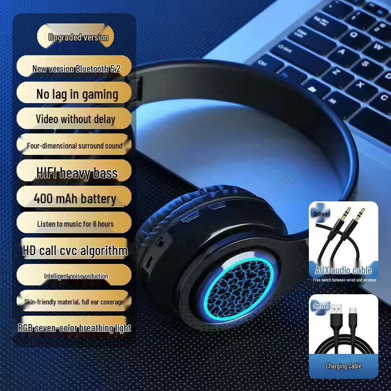 2025 Luminous Bluetooth Over-Ear Headphones with Heavy Bass and Large Earcups for Boys
