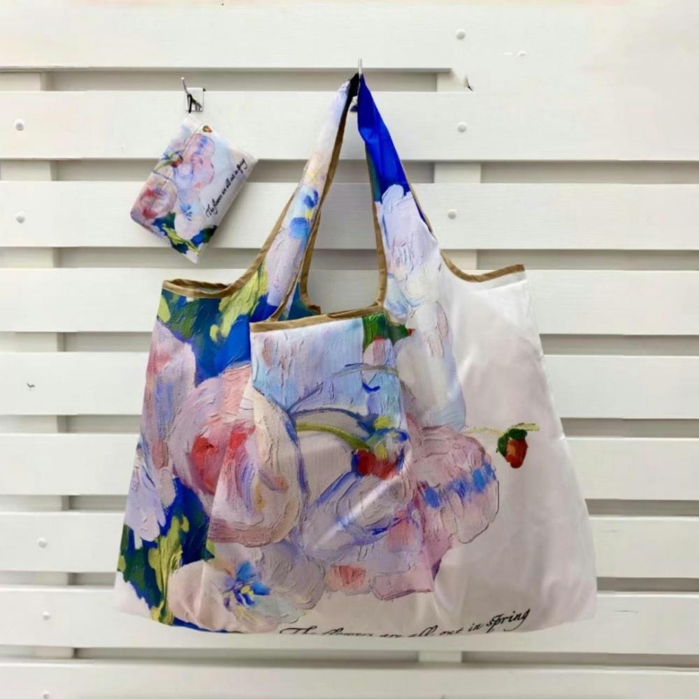 Large Foldable Shopping Bag Fashion Oil Painting Reusable Grocery Storage Bag Oxford Portable Shoulder Handbag Tote Bag