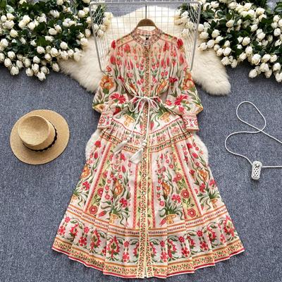 French Style Court Chiffon Dress Women O Neck Single Breasted Long Sleeve Ladies Print Split Tassel Lace Up Dress