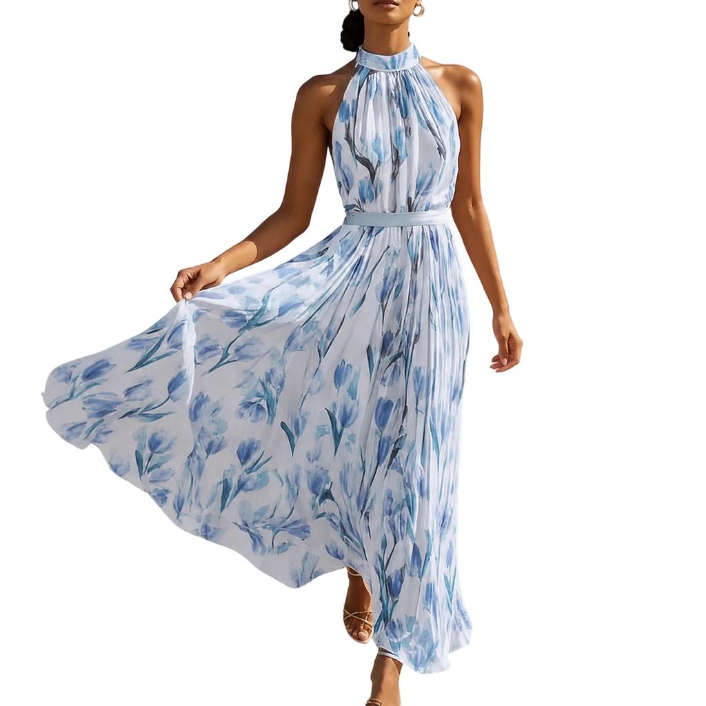 Women's Halter Neck Maxi Dress with Floral Print Sleeveless Vacation Dress Flowy Bohemian Style Summer Dress for Outdoor Events