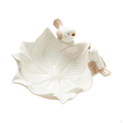 Ceramic Flower Shaped Jewelry Tray for Rings, Snack Plate, 14.5 X 4.5 Cm, with Bird Statue, Holder