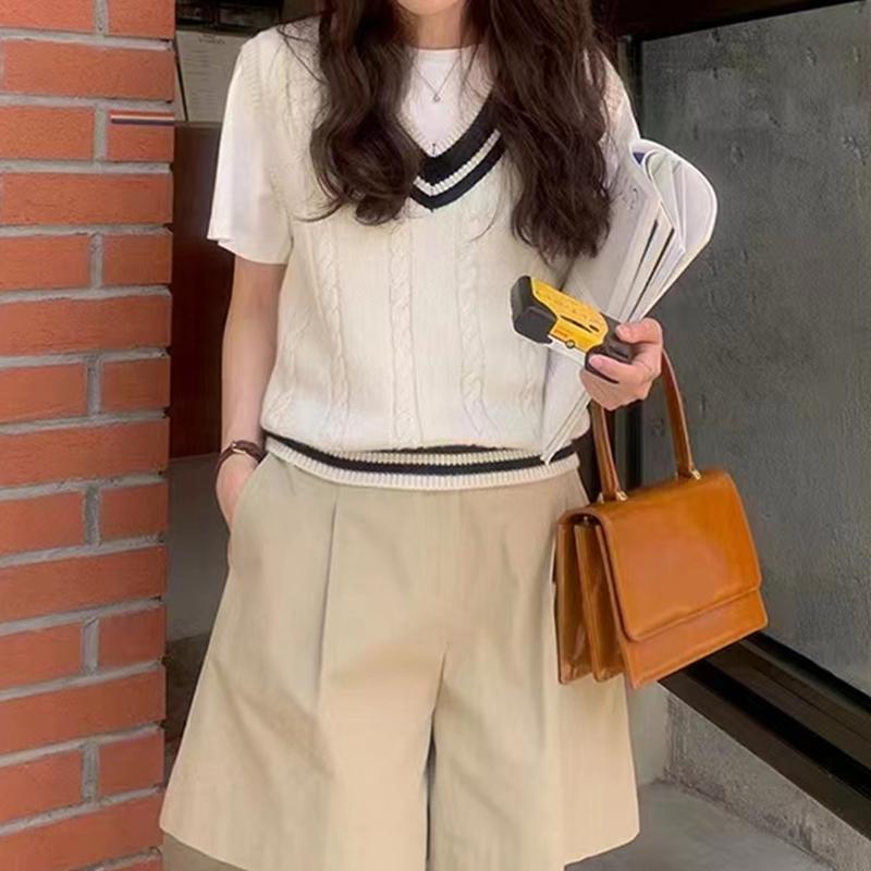 Women Patchwork V-neck Knit Sweater Vest Sleeveless Rib Preppy Style Pullover Sweater Vest For Women 2024 Autumn Winter