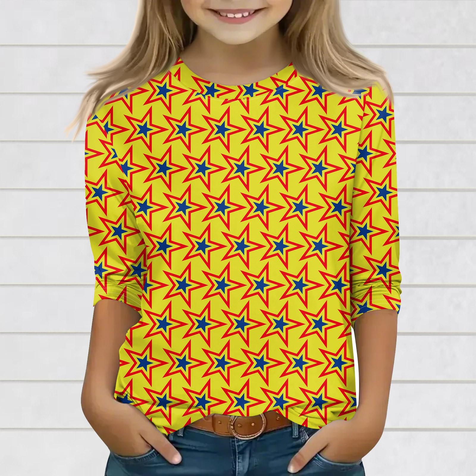 

Топы с принтом для девочек 3-10 лет с круглым вырезом и рукавами 3/4 Футболки Модные топы Наряды Футболки 160 жёлтый