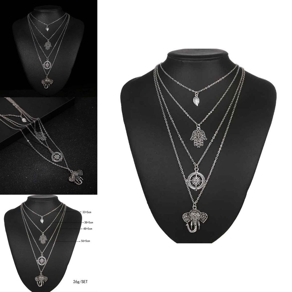 Fashion Punk Boho Retro Alloy Palm Sun Multilayer Necklace With Leaf And Elephant Pendant