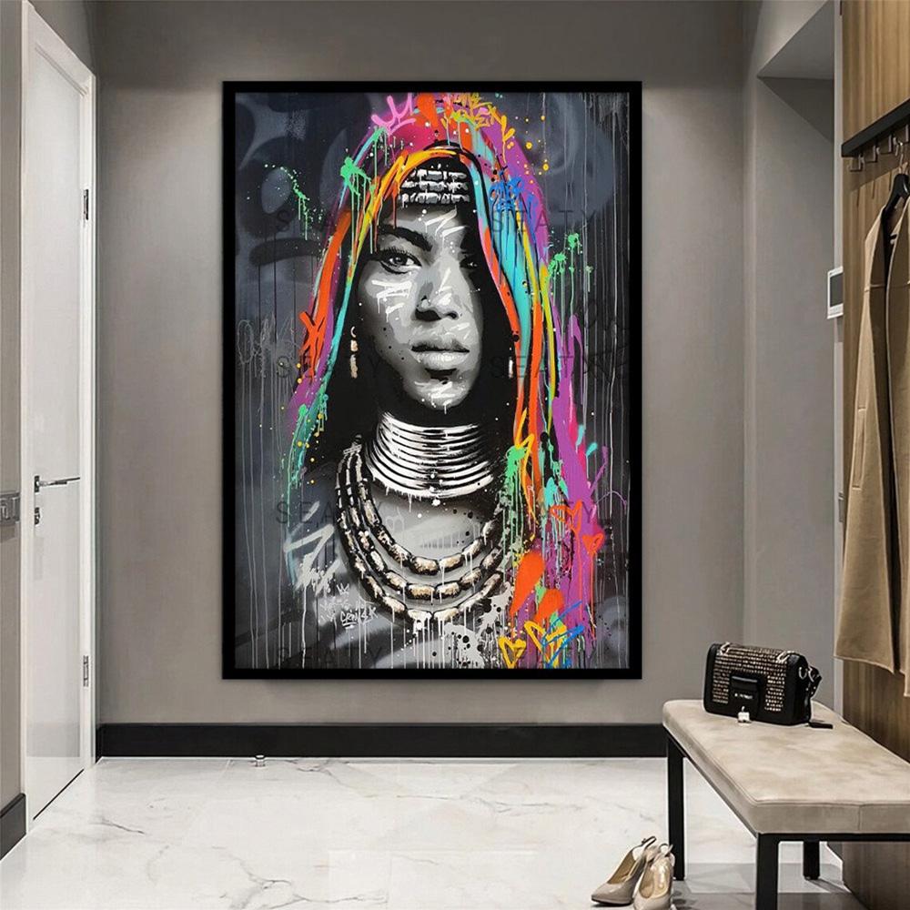 Ethnische Leinwandkunst, Frauen-Wand-Leinwand-Ölgemälde, ethnisches afrikanisches buntes Porträt, Straßen-Graffiti, Vintage-Poster, Drucke, Figur, Wanddekoration, ästhetisch