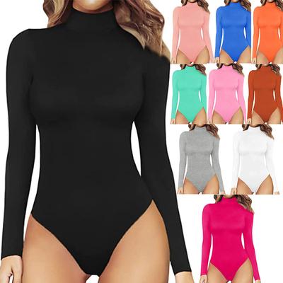 Women's Mock Neck Long Sleeve Stretchy Bodysuit Slim Fit Solid Color Body Shaper Jumpsuit Top