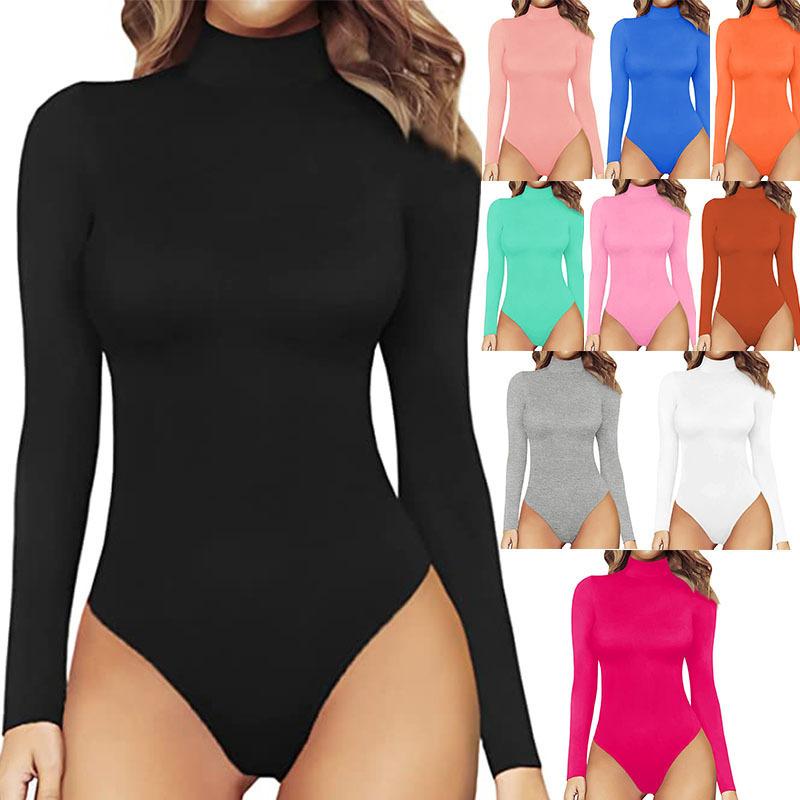 Women's Mock Neck Long Sleeve Stretchy Bodysuit Slim Fit Solid Color Body Shaper Jumpsuit Top