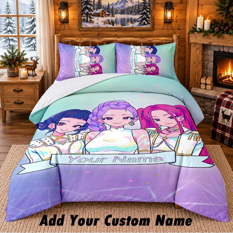 Kpop Demon Hunters Pattern Bedding 3Pcs Set Custom Name, Bed Sheet And Pillowcases For Home Bedroom