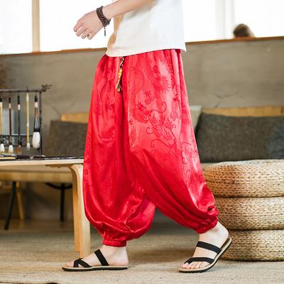 2025 Summer Brand Pants for Men Lce Silk Dragon Dark Flower Loose Bloomers High Quality Wide Leg Casual Pants Male