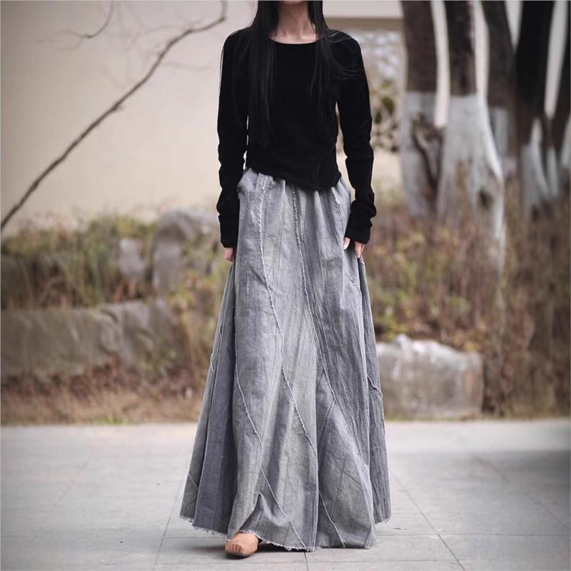 Johnature Women Vintage Skirts Elastic Waist Cloths Autumn Patchwork Casual Female Skirts