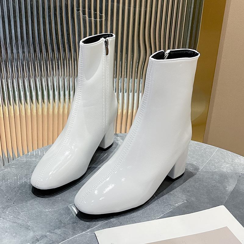 New Women Side Zipper Comfortable Mid Heel Ankle Boots Fashion Shoes Black Red White Square Heel Women Boots