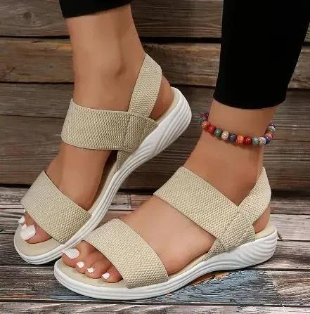 Damen Strick Elastischer Stoff Keilabsatz Sandalen Zum Hineinschlüpfen Leichte Gehsandalen Damen Übergröße Bequeme Sommerschuhe Frau 2026