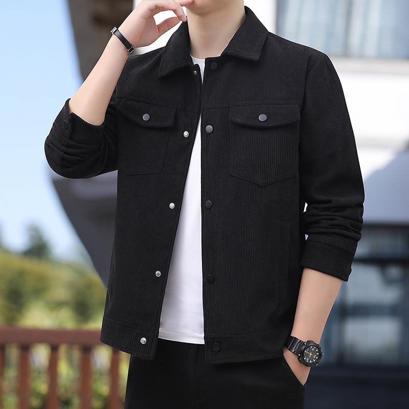 Men s 2025 Spring/Autumn Corduroy Stand Collar Jacket with Long Sleeves - Trendy and Versatile Brand Style L чёрный