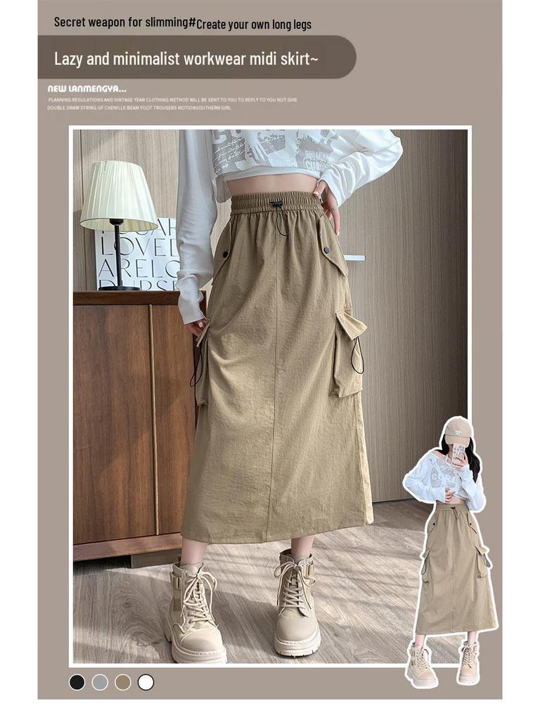 Women's High Waist A-Line Midi Skirt - Retro Workwear with Slit & Drawstring for Petite Figures, Spring & Autumn.