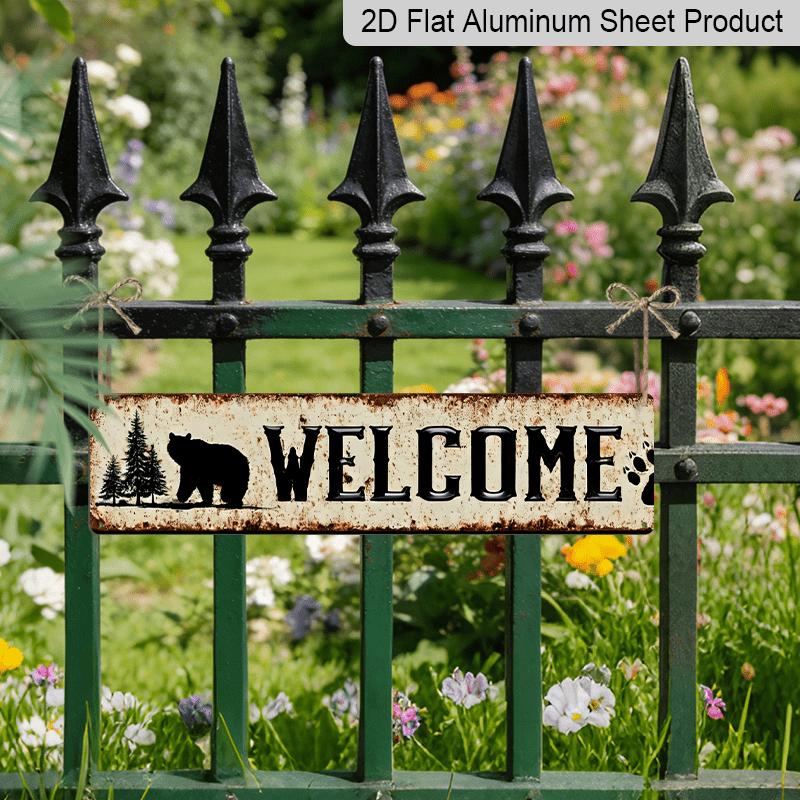 2D Flat, 1pc, 3.94 X 15.74 Inches Aluminum Decorative Sign -Rustic Bear Silhouette Metal Wall Decor - Vintage Cabin Sign with Welcome Bear & Paw