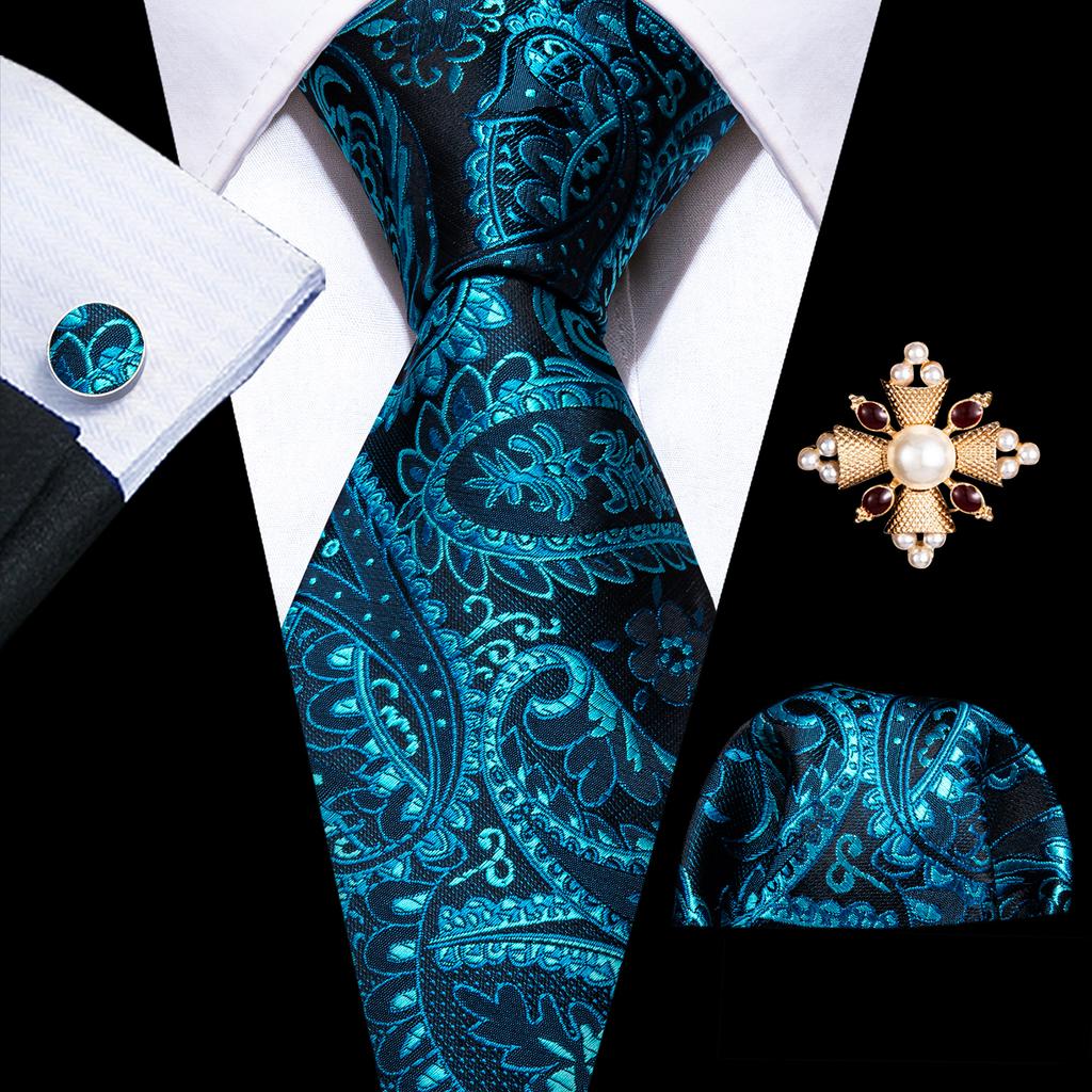 Barry.Wang Pearl sagė su kaklaraiščiu vyrams Paisley gėlių šilko kaklaraištis Hanky rankogalių sąsagų rinkinys