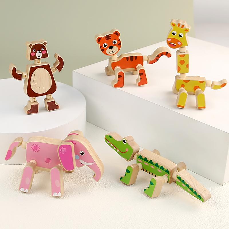 Wooden Large Particle Building Blocks Animal Dinosaur Robot Assembling Toys Joints Rotatable Toys Toddlers Kids Educational Gift