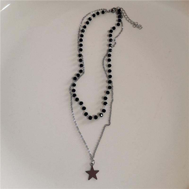 Kpop Goth Vintage Aesthetic Y2K Star Pendant Beaded Silver Color Chain Necklace Women Men Cool Grunge EMO 2000s Jewely Accessory