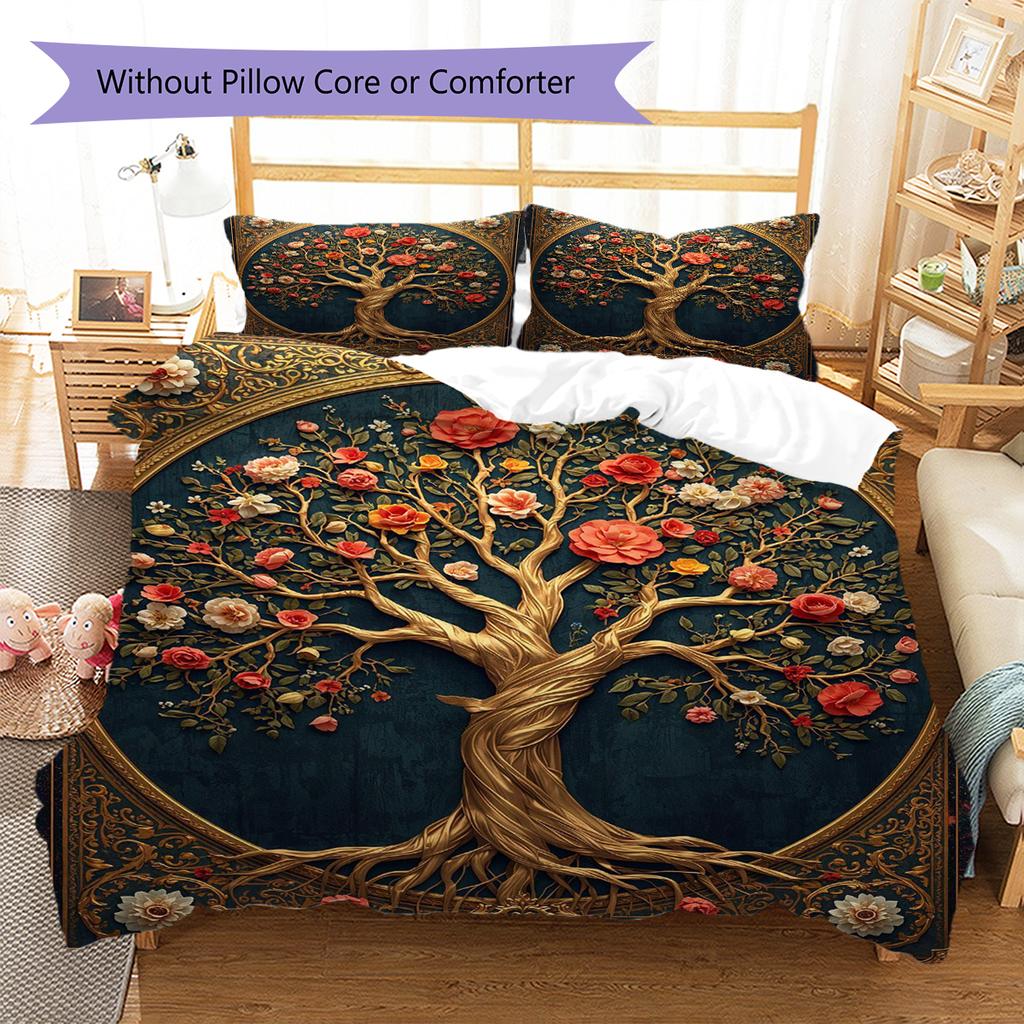 Tree of Life Pattern Bedding Quilt Set Quilt Cover Pillowcase Home Decoration Gift (1 * Duvet Cover + 2 * Pillowcase, Without Core)