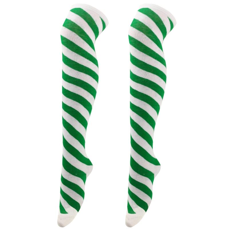 Women Girls Over Knee Long Socks Christmas Diagonal Striped Print Christmas Thigh High Stockings Holiday Party Hosiery