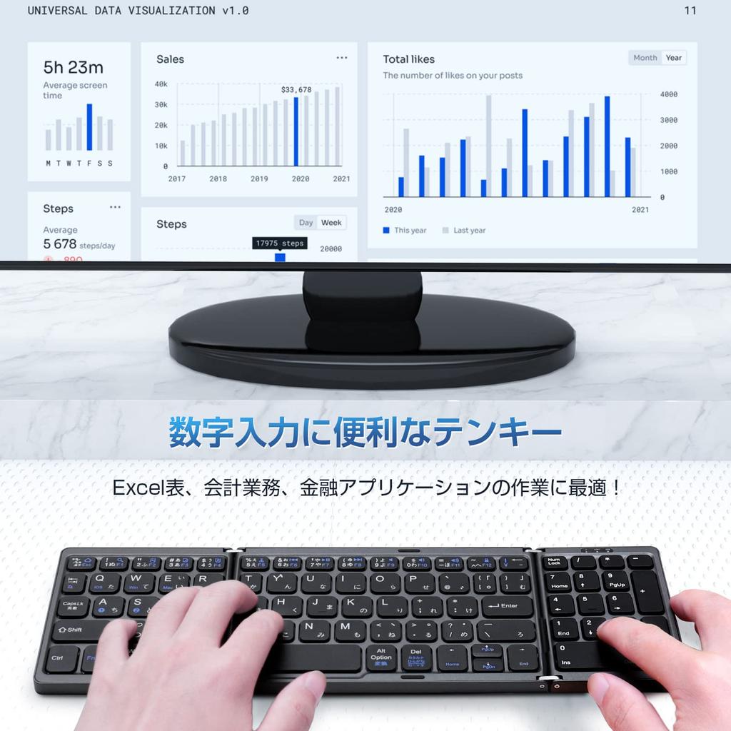 Ewin Original Wireless Folding Bluetooth Keyboard with Numeric Keypad, Japanese Layout, Kana Input, 3-Device Registration, One-Touch Switching,