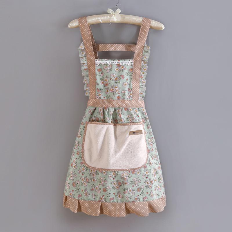 Floral Large Pocket Canvas Cotton Apron Kitchen Home Wipeable Hand Strap