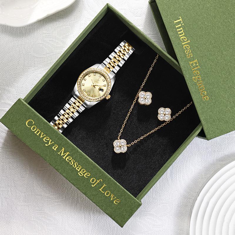 Women's Diamond Watch Set: Elegant Quartz Watch, Necklace & Earrings for Valentine's Day, Gift Box Included