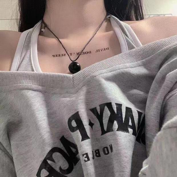 Korean Spring One-Shoulder Two-Piece: Long Sleeve Sweater & Navel-Length Halter Top