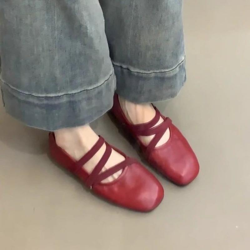 Fashion New Style Spring Ballet Flat Shoes Women Comfy Leather Shoes Women Luxury Square Toe Flats Mary Janes Ladies Shoes Double Buckle
