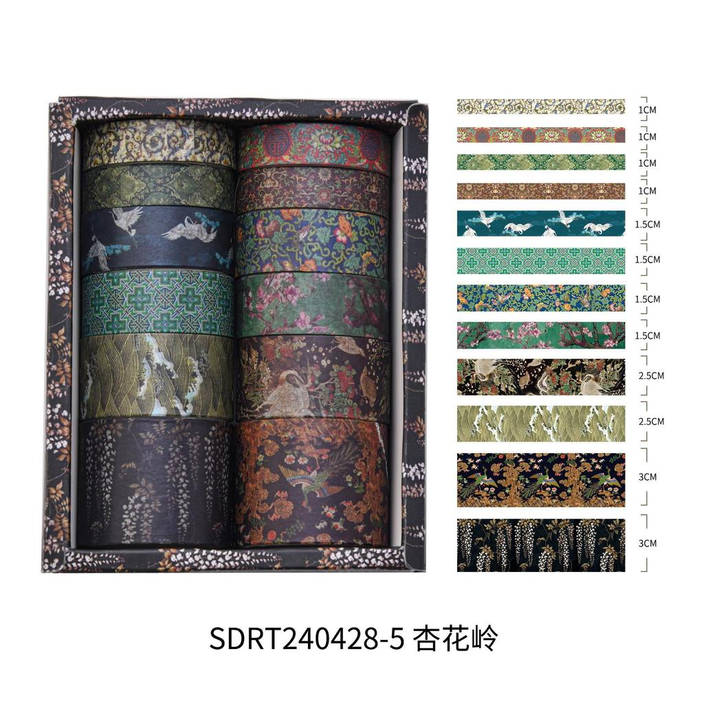 12 rolls/box Retro Landscape Washi Tape Creative Floral Mountain Crane Design Sticker Rolls Scrapbook Gift Wrapping