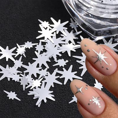 Lantejoulas Prateadas Brilhantes Formas Variadas Estrela Letra Glitter para Unhas Fatias Adesivos de Arte para Unhas Decalques Manicure Charms de Lantejoulas