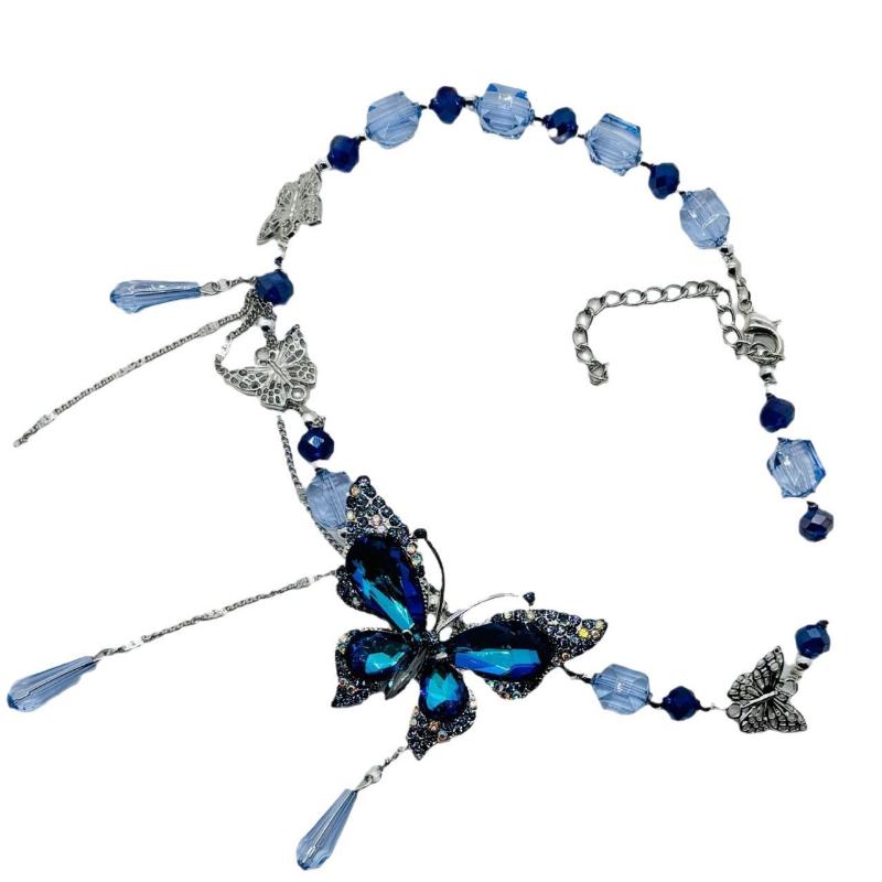 Náhrdelník na klíční kost s motýlem a kapkou vody Tmavě modrý Niche Retro Motýl Křišťálový Temperamentní Náhrdelník Špičkový Náhrdelník pro Ženy