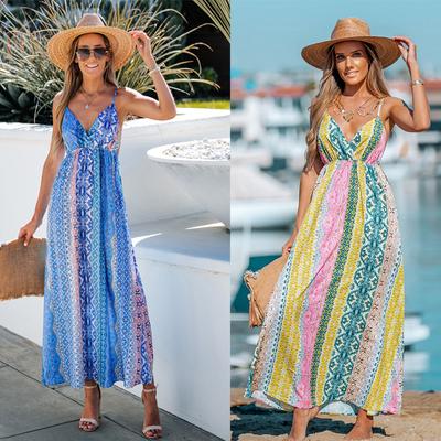 Summer Women's Skirt V-neck Sexy Backless Suspender Print Big Swing Type Travel Holiday Dress