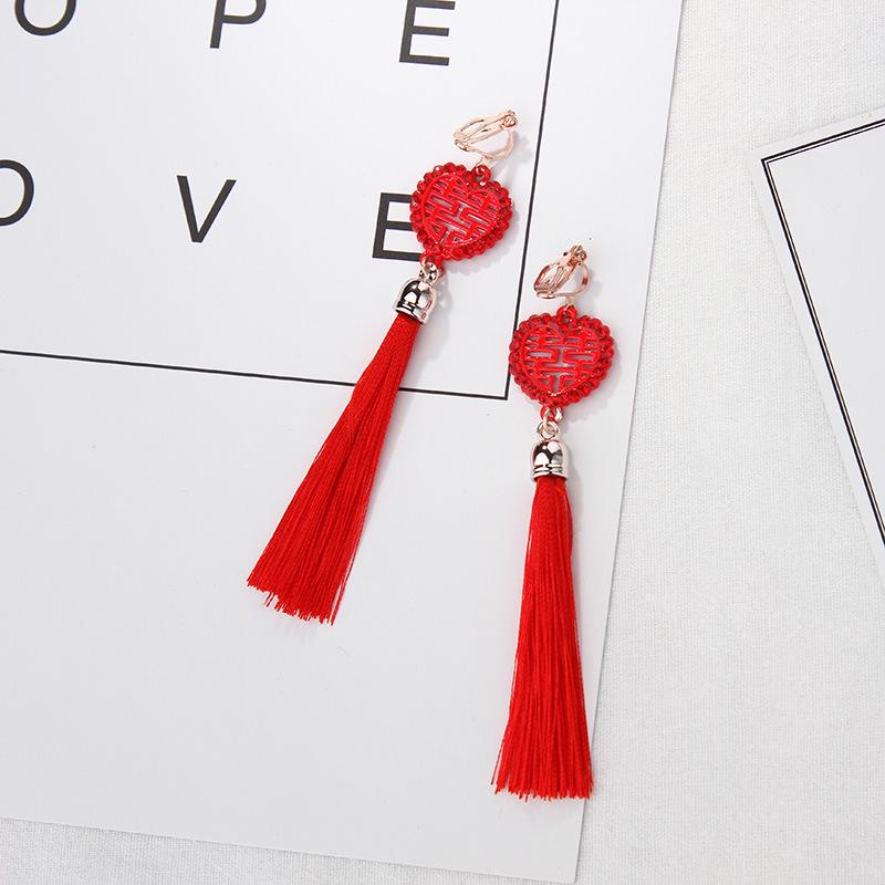 Hanfu-Inspired Red Tassel Clip-On Earrings with Chinese Knot Design