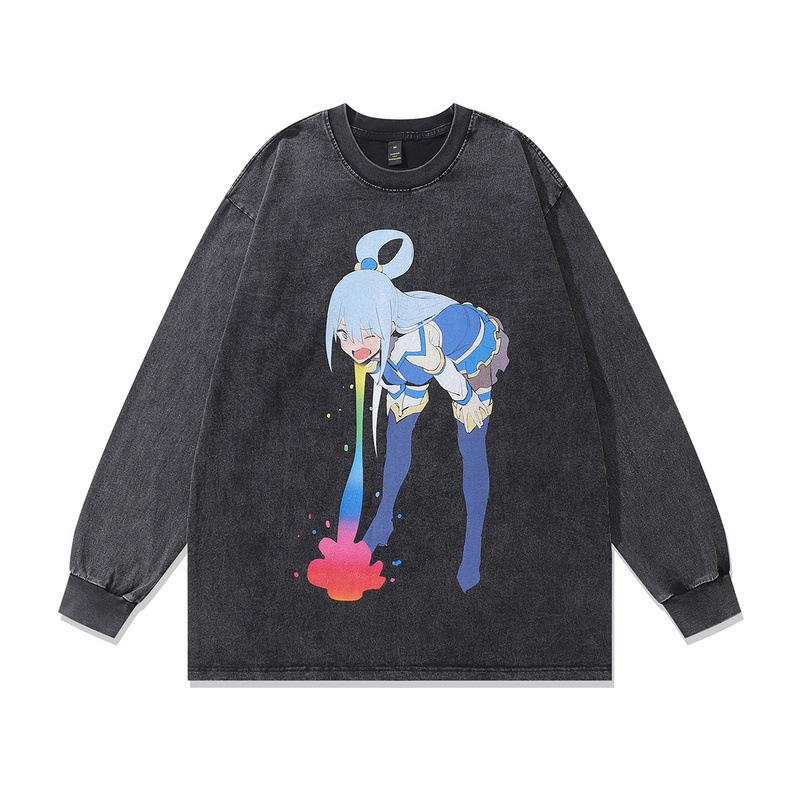 Heavy Weight Cotton Long-Sleeved T-Shirt For Men And Women, Dark Cartoon Print Fried Color, Retro Bottoming Pullover Sweater