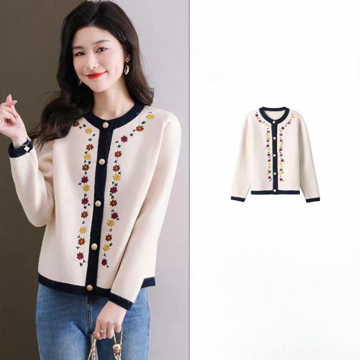 Patchwork Embroidered Knitted Cardigan for Women Solid Color Casual Sweater Coat Autumn and Winter Round-neck Top