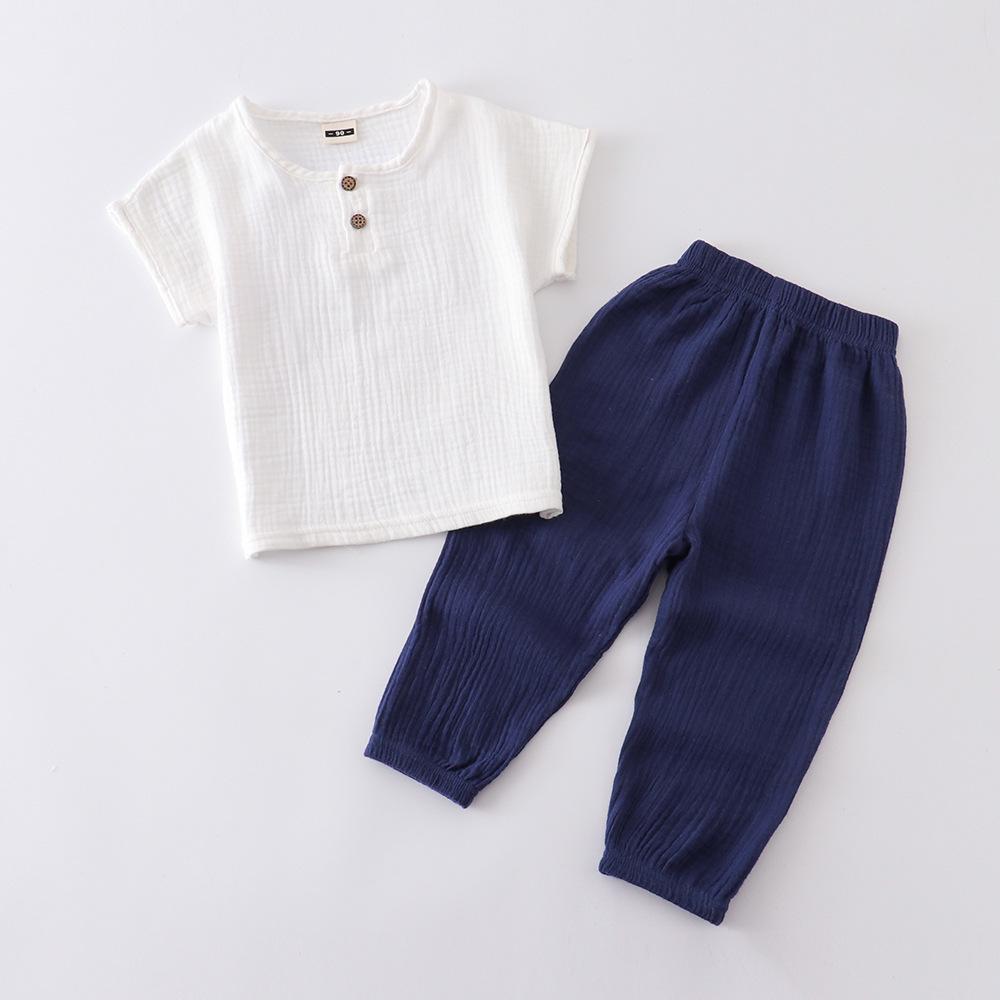 Kids' Summer Cotton Linen Two-Piece Set - Short Sleeve Top & Joggers