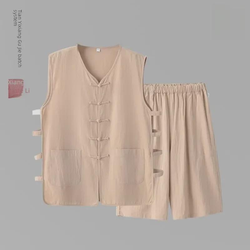Tang-Anzug aus Baumwolle und Leinen für Herren: Weste & Shorts Set - Sommeroutfit im chinesischen Stil für Mittelalte & Ältere.