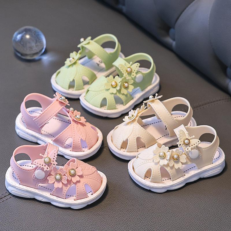 Toddler Girl's Summer Sandals, Floral Decoration, Closed Toe, Non Slip Soft Sole, Buckle Strap Walking Shoes, Suitable for 0-3 Years Old