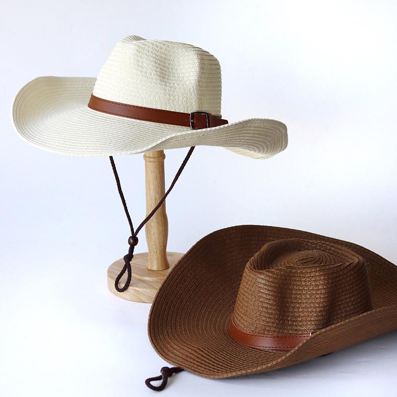 Men'S Straw Hat Beach Hat Summer Big Edge Sunshade Cowboy Hat Outdoor Sun Protection Hat Retro Wind Wide Brim