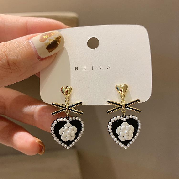 2024 Silver Needle Camellia Bow Heart Stud Earrings