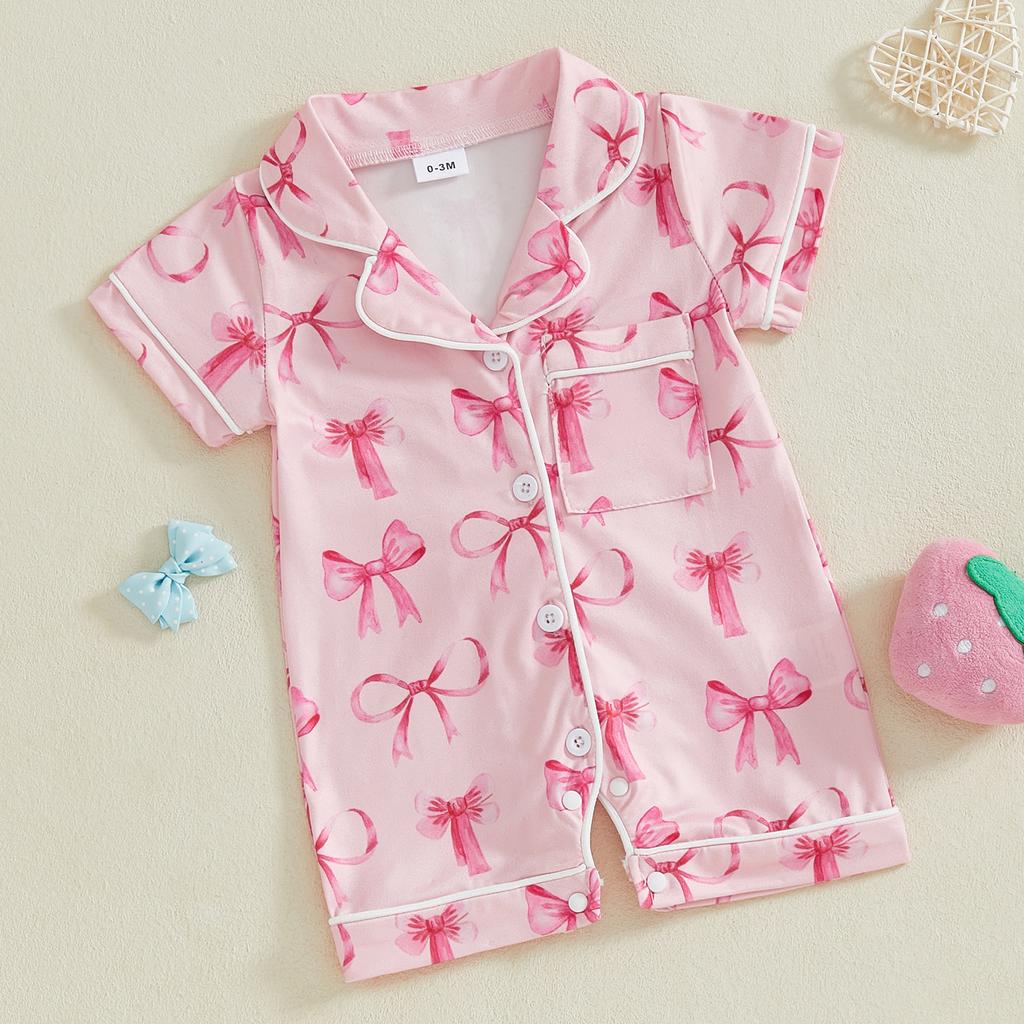 Baby Girl Summer Romper Short Sleeve Lapel Collar Strawberry/Heart Print Jumpsuit Infant Pajamas