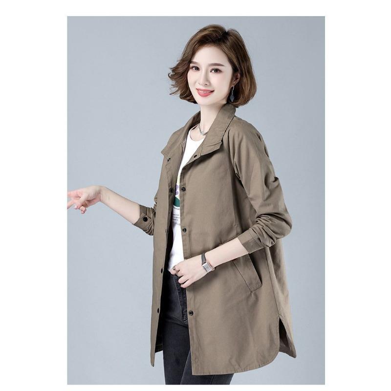 Herbst Neu Mittellanger Windbreaker Revers Langarm Vielseitige Strickjacke Unifarben Temperament Knopf Dünne Jacke