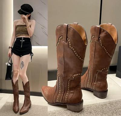 2025 Neue Damenstiefel Niedriger Absatz Cowboy Western Kurz Leder Kniehoch Luxus Designer Gothic New Rock Schuhe Vintage