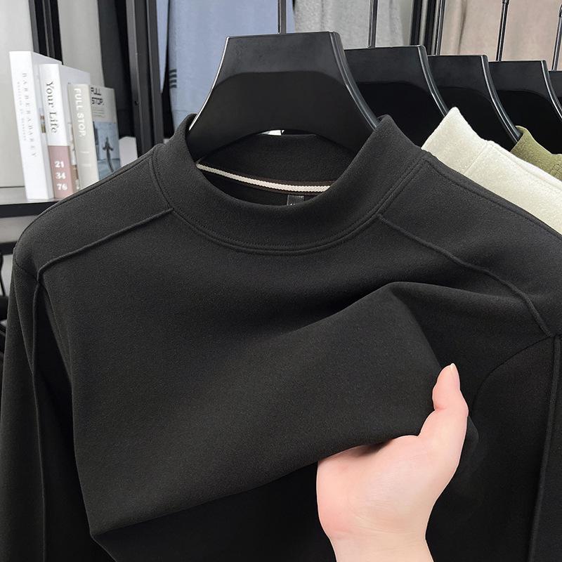 Men's Thickened Warm Long-Sleeve Hoodie, 2025: Half-High Collar, Double-Sided German Fleece, Self-Heating Solid Color Base Layer