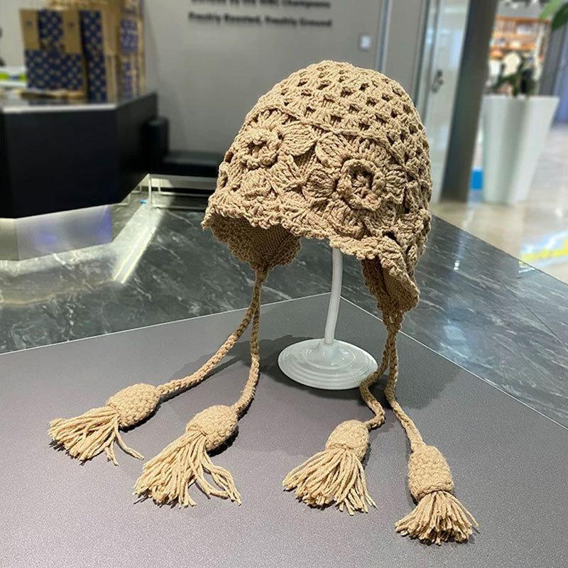 Autumn and Winter Crochet Hat Women's Double-layer Knitted Hat Fringed Pullover Hat Travel Versatile Wool Hat